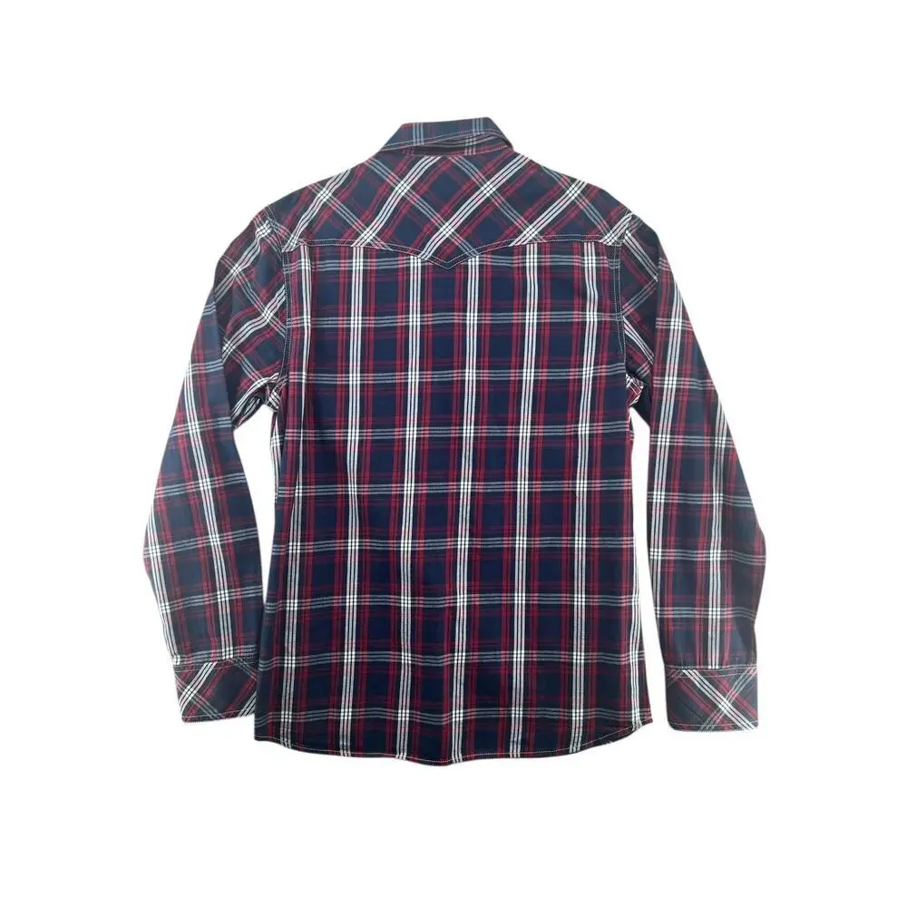 True Religion Plaid Western Shirt Mens M Red Blue Pearl Snap Flap Pocket